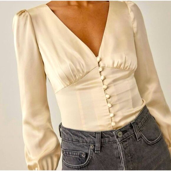 Reformation Blouse Large Cream Cadence Silk Button Front Puff Sleeve Top -Flaw - Picture 1 of 16